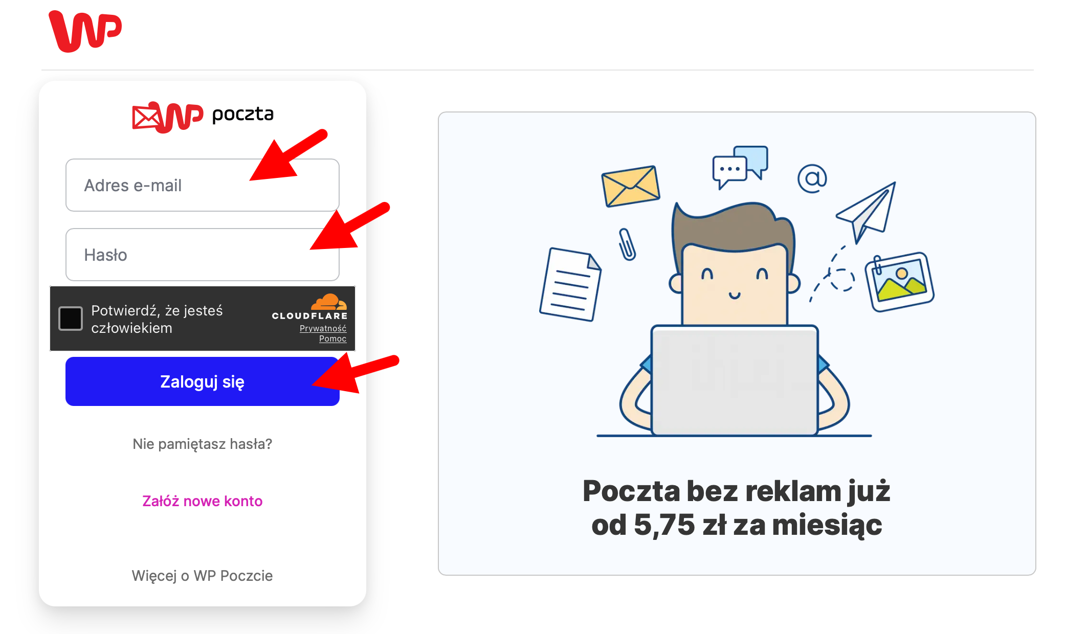 Ekran logowania do Poczty WP z czerwonymi strzałkami wskazującymi pole na adres e-mail, pole na hasło oraz przycisk Zaloguj się.