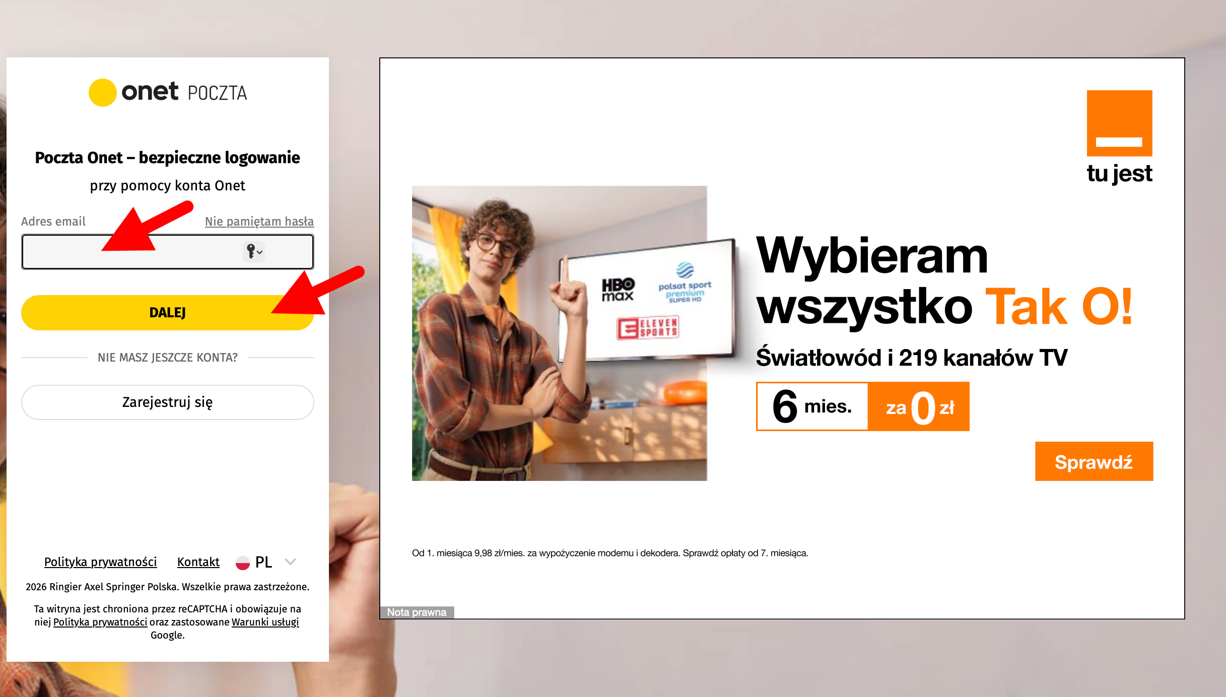 Widok strony głównej Onet Poczta w przeglądarce komputerowej z panelem logowania.