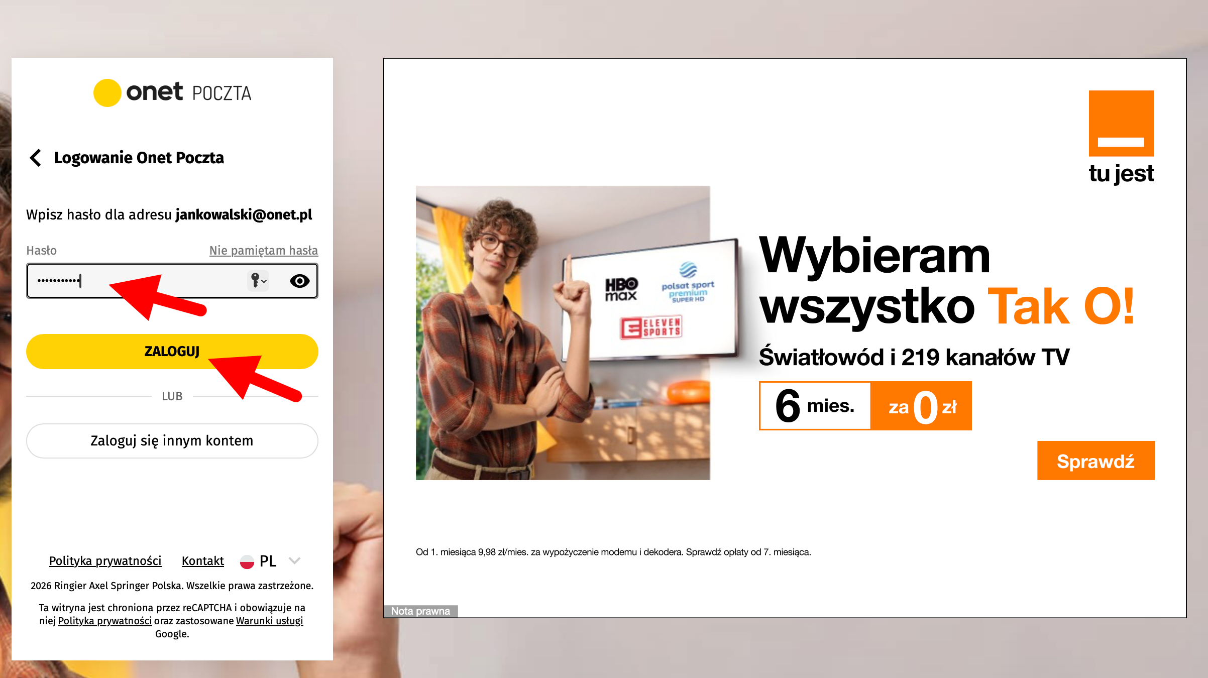 Widok strony głównej Onet Poczta w przeglądarce komputerowej, w kroku wpisywania hasła