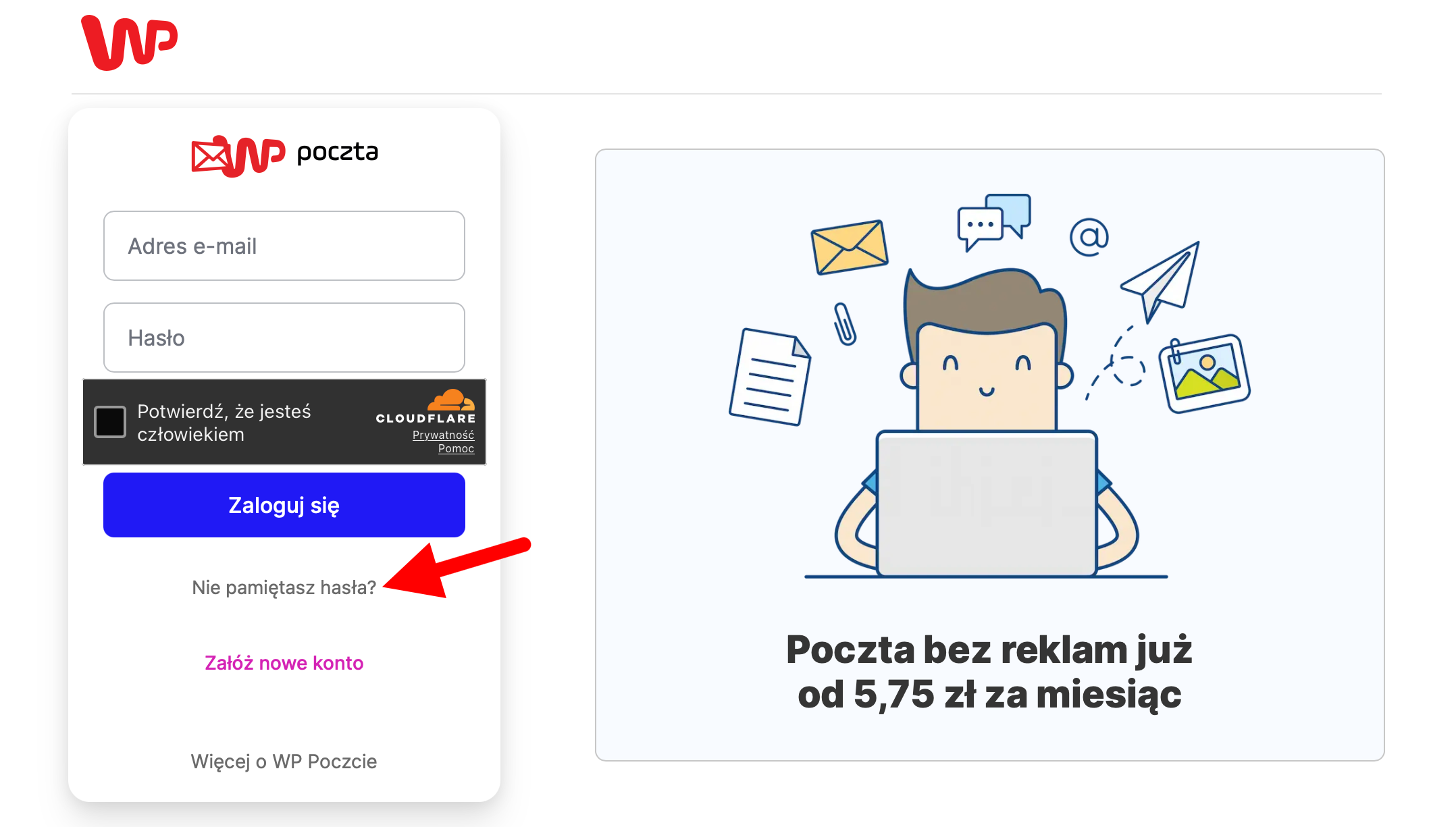 Formularz logowania Poczty WP z wyraźnie zaznaczonym przyciskiem "Nie pamiętasz hasła?", który służy do resetowania dostępu do konta.